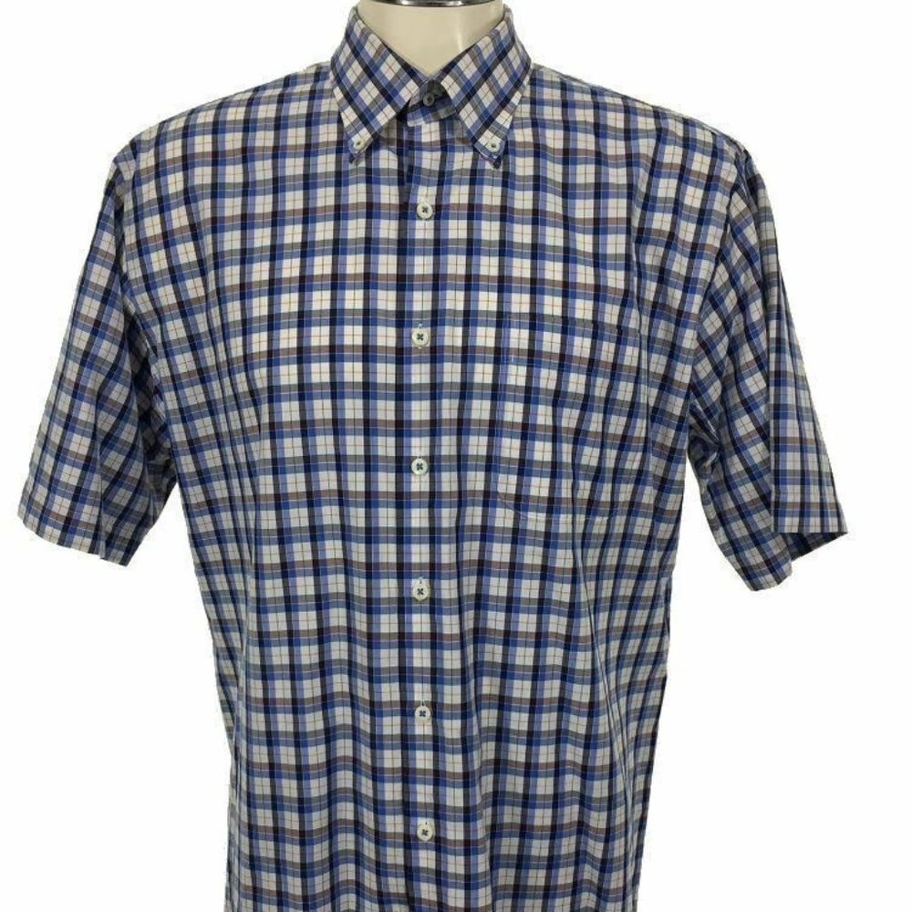 Peter Millar Button Shirt L Blue White Orange Plaid Short Sleeve Golf Mens